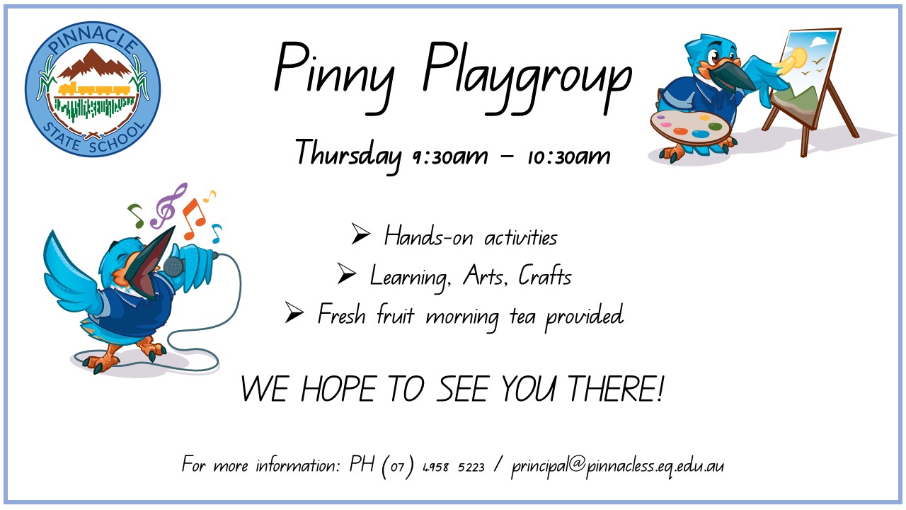 Hands-on activities, learning, arts, crafts, fresh fruit morning tea provided. We hope to see you there! For more information, phone (07) 4958 5223 or email principal@pinnacless.eq.edu.au